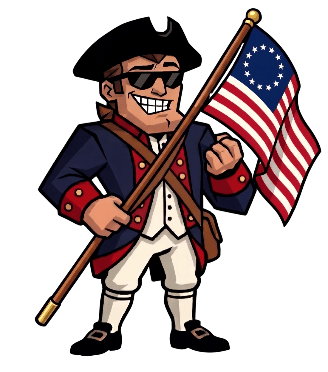 Independence Dave — a Maryland Line Continental Army private in sunglasses holding the Betsy Ross flag, the Old Line Provisions mascot