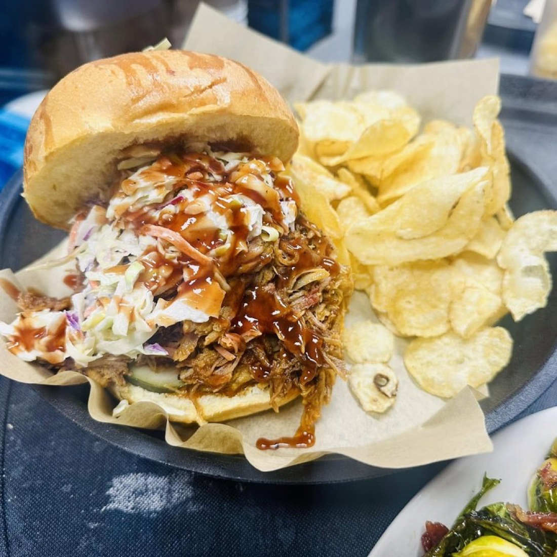 A loaded Old Line barbecue sandwich