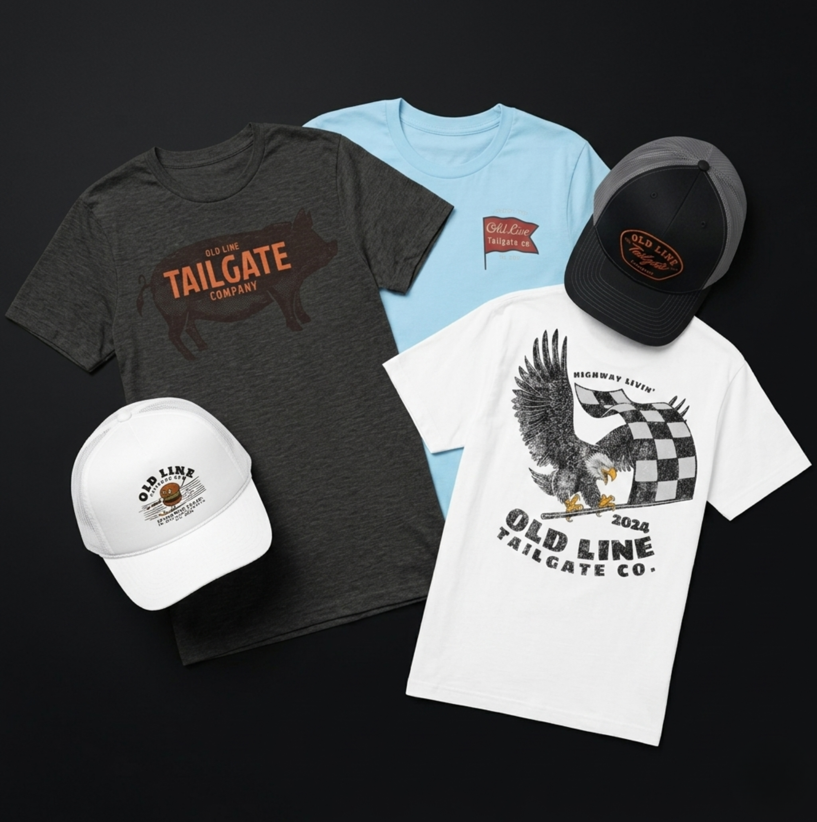 Old Line Tailgate Co. tees and trucker hats flat-lay