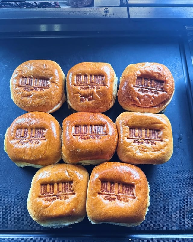 Branded Old Line buns, top down