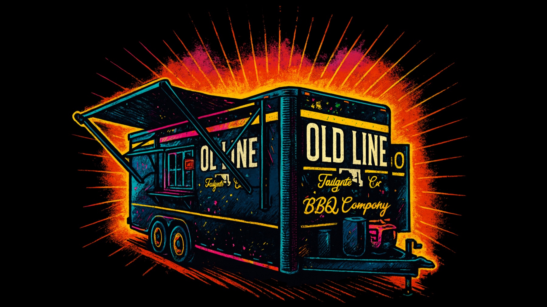 Stylized neon illustration of the Old Line Tailgate Co. food truck