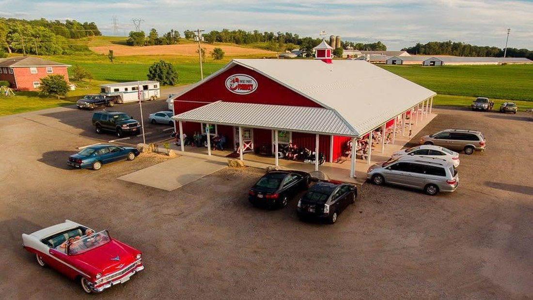 Rocky Point Creamery from above – the red barn and farm market in Point of Rocks, Maryland, where the Old Line truck lives all summer