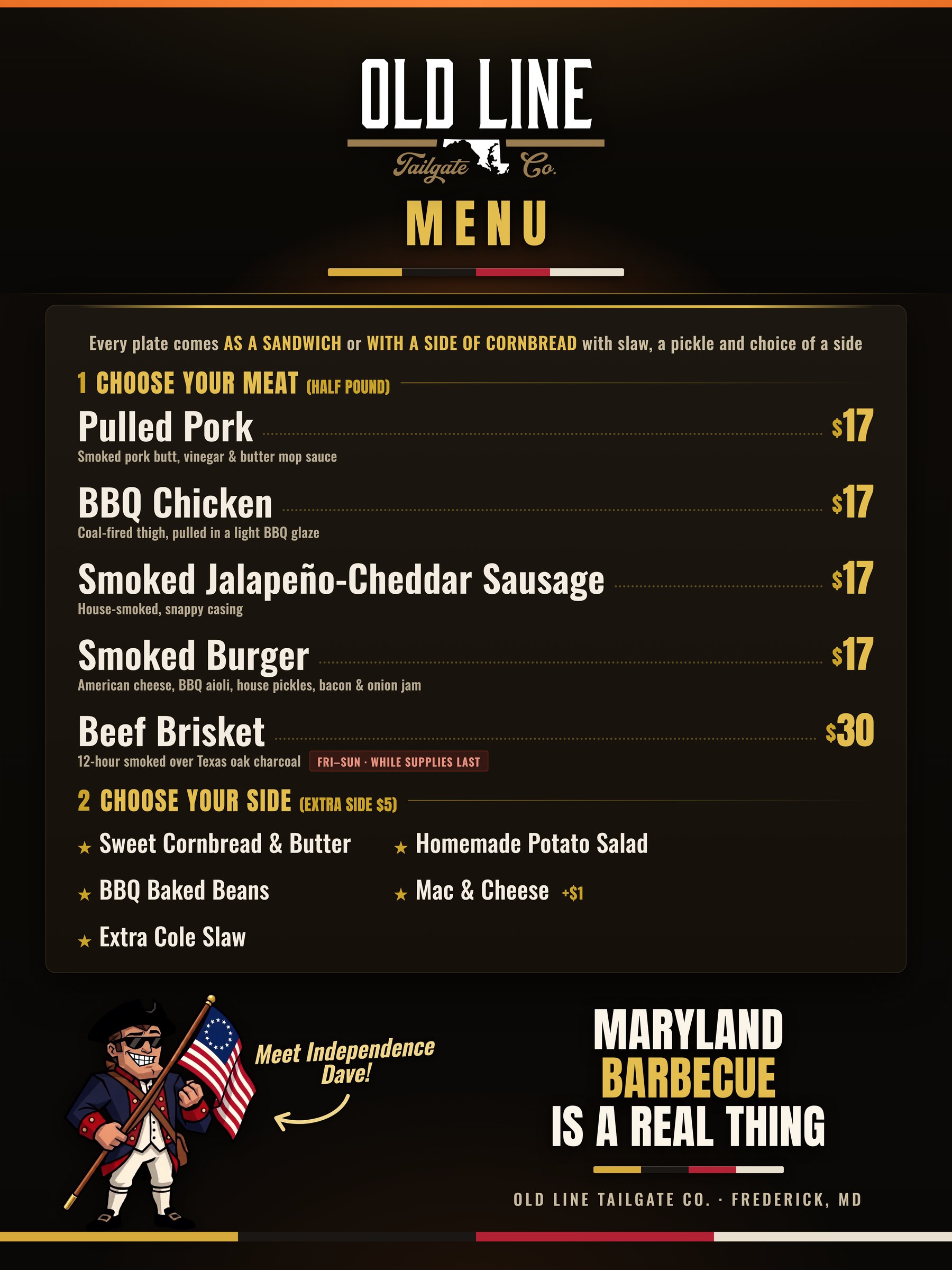 Old Line Tailgate co. food truck menu, Maryland